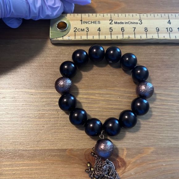 Plum Beads Elastic Bracelet Copper Tone Chain Tassel Accent - Picture 7 of 7